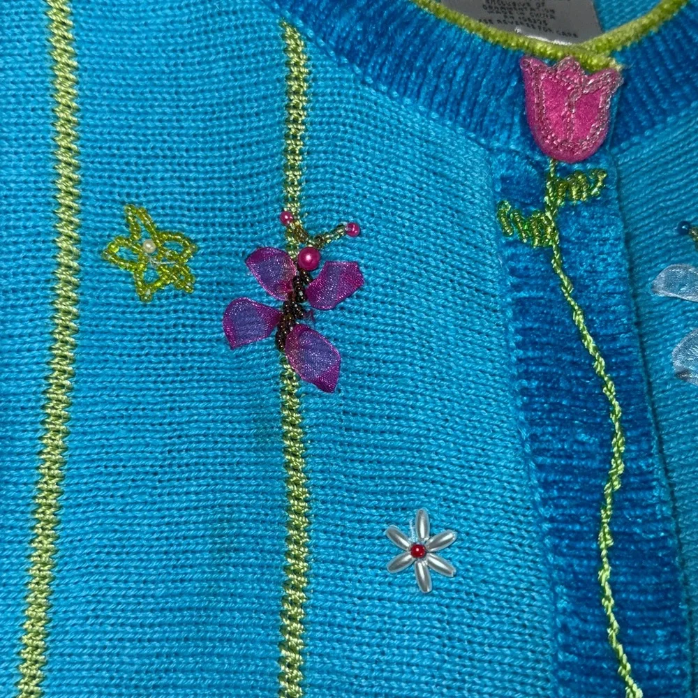Vintage The Quaker Factory Blue Hand Embroidered Beaded Flowers Bunny Cardigan L - Picture 15 of 16